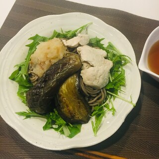 夏にさっぱり♪鶏肉と焼きなすの野菜たっぷり蕎麦